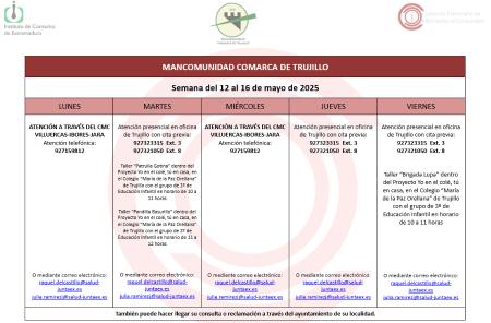 Imagen Calendario del Centro Mancomunado de Consumo del 12 al 16 de mayo de 2025.