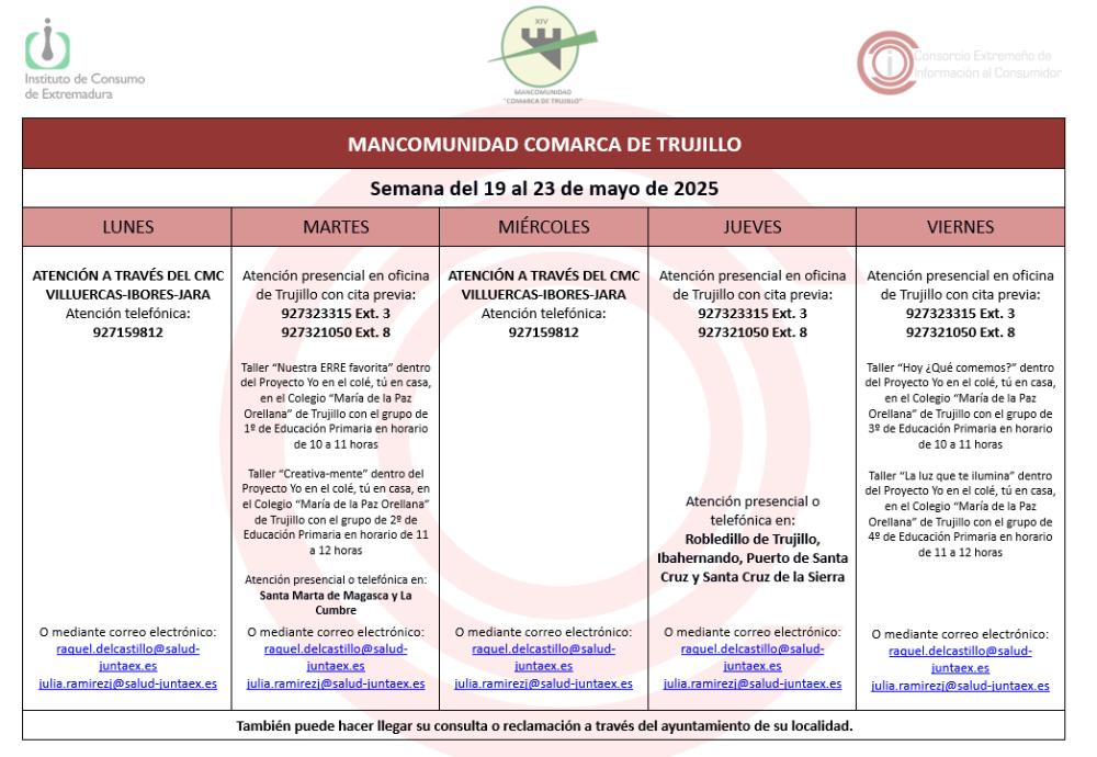 Imagen Calendario del Centro Mancomunado de Consumo del 19 al 23 de mayo de 2025.