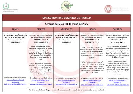 Imagen Calendario del Centro Mancomunado de Consumo del 26 al 30 de mayo de 2025.