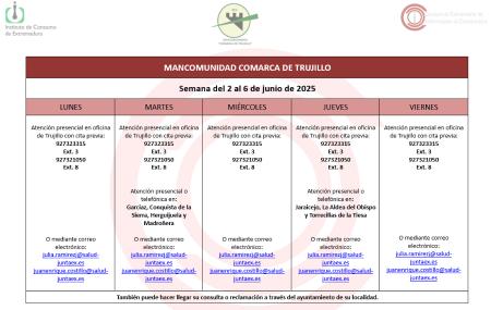 Imagen Calendario del Centro Mancomunado de Consumo del 2 al 6 de junio de 2025.
