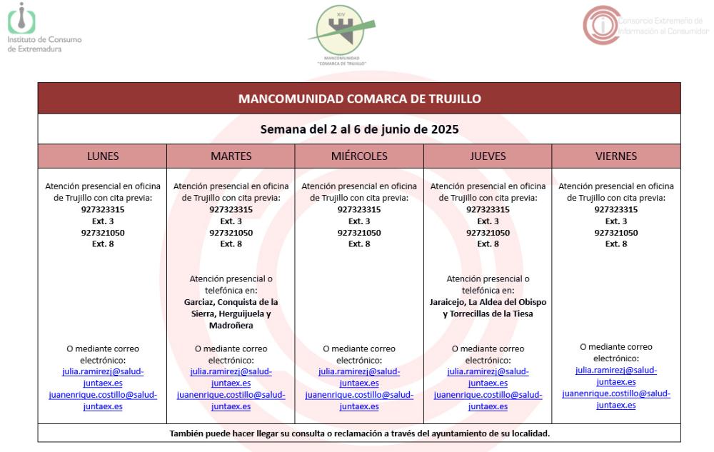 Imagen Calendario del Centro Mancomunado de Consumo del 2 al 6 de junio de 2025.