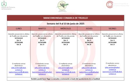 Imagen Calendario del Centro Mancomunado de Consumo del 9 al 13 de junio de 2025.