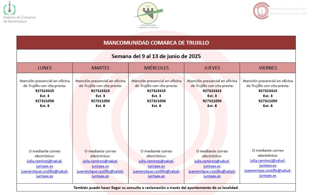 Imagen Calendario del Centro Mancomunado de Consumo del 9 al 13 de junio de 2025.