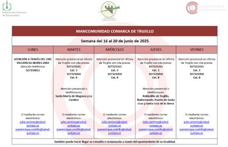 Imagen Calendario del Centro Mancomunado de Consumo del 16 al 20 de junio de 2025.