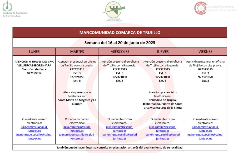 Imagen Calendario del Centro Mancomunado de Consumo del 16 al 20 de junio de 2025.