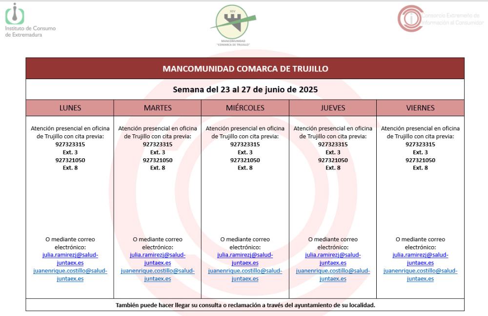 Imagen Calendario del Centro Mancomunado de Consumo del 23 al 27 de junio de 2025.