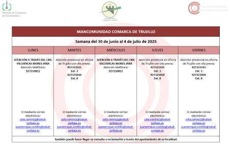 Imagen Calendario del Centro Mancomunado de Consumo del 30 de junio al 4 de julio de 2025.