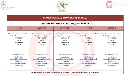 Imagen Calendario del Centro Mancomunado de Consumo del 28 de julio al 1 de agosto de 2025.