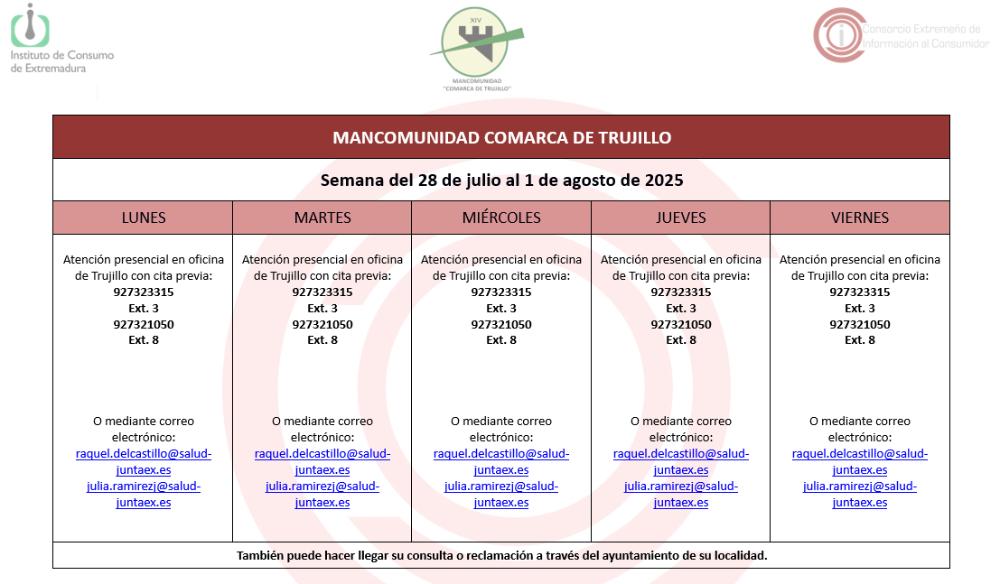 Imagen Calendario del Centro Mancomunado de Consumo del 28 de julio al 1 de agosto de 2025.