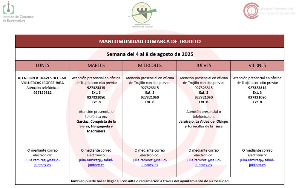 Imagen Calendario del Centro Mancomunado de Consumo del 4 al 8 de agosto de 2025.