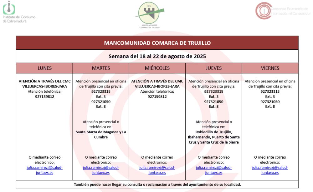 Imagen Calendario del Centro Mancomunado de Consumo del 18 al 22 de agosto de 2025.