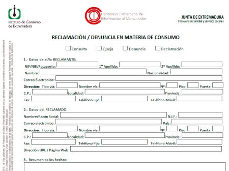 Imagen Formulario de RECLAMACIÓN / DENUNCIA en Materia de Consumo