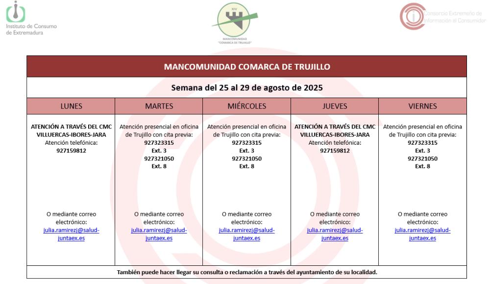 Imagen Calendario del Centro Mancomunado de Consumo del 25 al 29 de agosto de 2025.