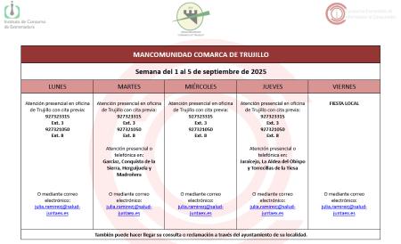 Imagen Calendario del Centro Mancomunado de Consumo del 1 al 5 de septiembre de 2025.
