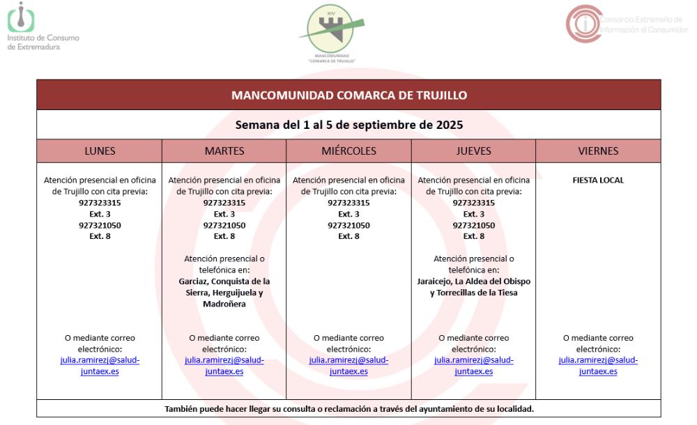Imagen Calendario del Centro Mancomunado de Consumo del 1 al 5 de septiembre de 2025.