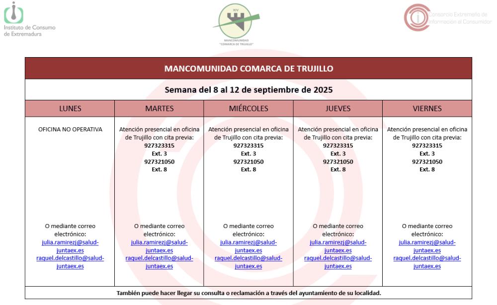Imagen Calendario del Centro Mancomunado de Consumo del 8 al 12 de septiembre de 2025.