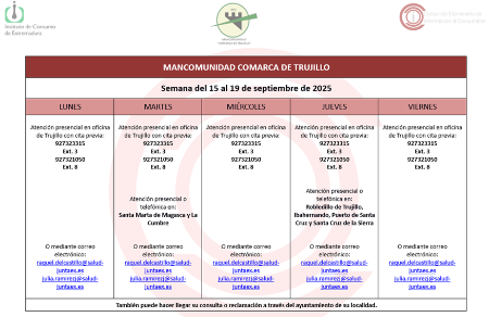 Imagen Calendario del Centro Mancomunado de Consumo del 15 al 19 de septiembre de 2025.