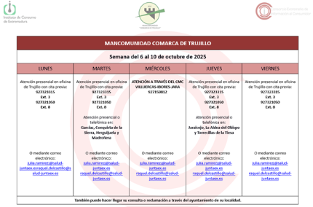 Imagen Calendario del Centro Mancomunado de Consumo del 6 al 10 de octubre de 2025.