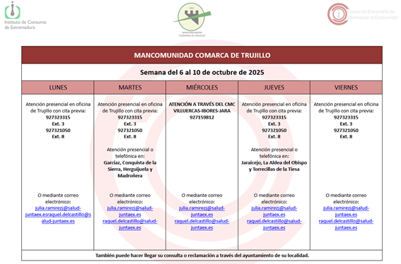 Imagen Calendario del Centro Mancomunado de Consumo del 6 al 10 de octubre de 2025.