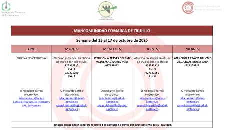 Imagen Calendario del Centro Mancomunado de Consumo del 13 al 17 de octubre de 2025.