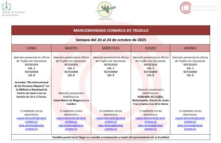 Imagen Calendario del Centro Mancomunado de Consumo del 20 al 24 de octubre de 2025.