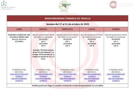 Imagen Calendario del Centro Mancomunado de Consumo del 27 al 31 de octubre de 2025.