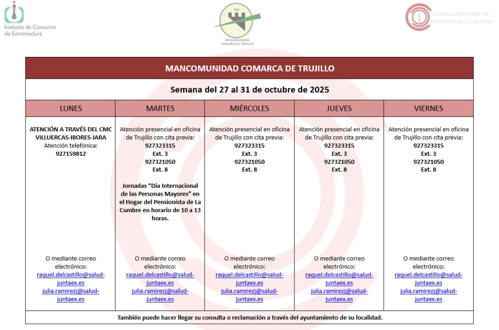 Imagen Calendario del Centro Mancomunado de Consumo del 27 al 31 de octubre de 2025.