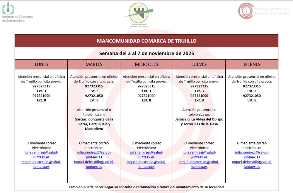 Imagen Calendario del Centro Mancomunado de Consumo del 3 al 7 de noviembre de 2025.