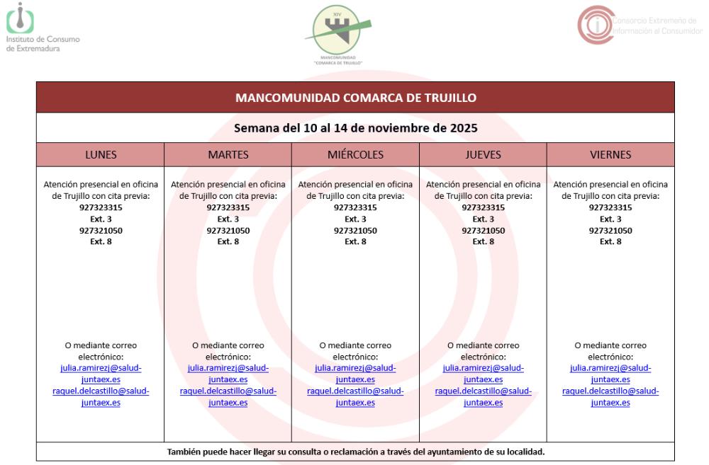 Imagen Calendario del Centro Mancomunado de Consumo del 10 al 14 de noviembre de 2025.