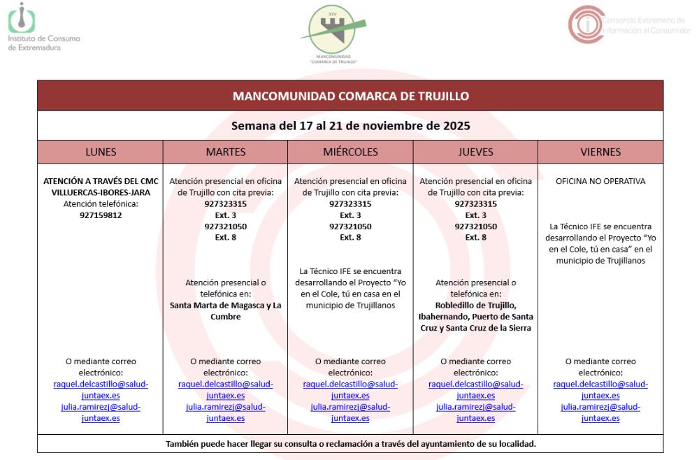 Imagen Calendario del Centro Mancomunado de Consumo del 17 al 21 de noviembre de 2025.
