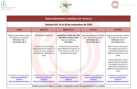 Imagen Calendario del Centro Mancomunado de Consumo del 24 al 28 de noviembre de 2025.