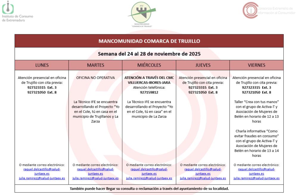 Imagen Calendario del Centro Mancomunado de Consumo del 24 al 28 de noviembre de 2025.