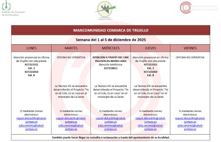 Imagen Calendario del Centro Mancomunado de Consumo del 1 al 5 de diciembre de 2025.