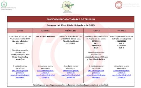 Imagen Calendario del Centro Mancomunado de Consumo del 15 al 19 de diciembre de 2025.