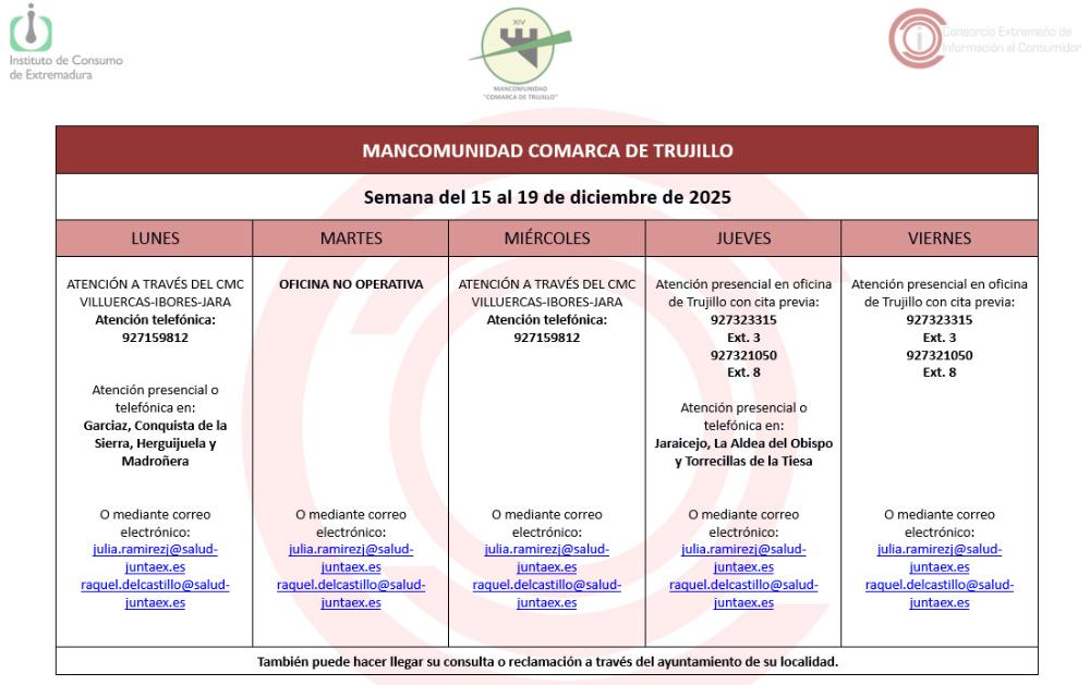 Imagen Calendario del Centro Mancomunado de Consumo del 15 al 19 de diciembre de 2025.