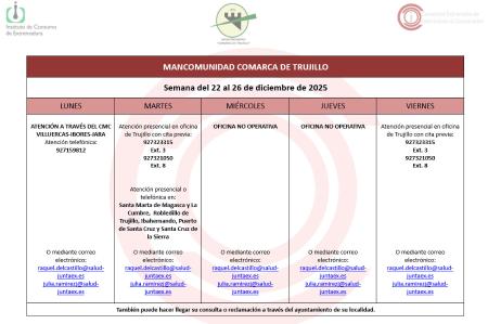 Imagen Calendario del Centro Mancomunado de Consumo del 22 al 26 de diciembre de 2025.