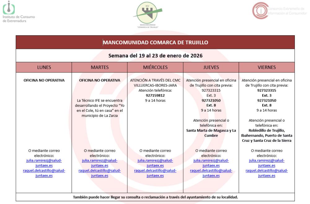 Imagen Calendario del Centro Mancomunado de Consumo del 19 al 23 de enero de 2026.