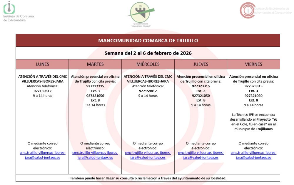 Imagen Calendario del Centro Mancomunado de Consumo del 2 al 6 de febrero de 2026.