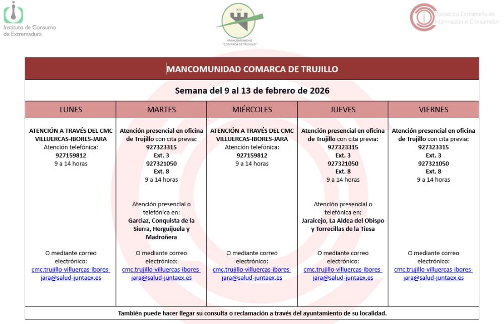 Imagen Calendario del Centro Mancomunado de Consumo del 9 al 13 de febrero de 2026.