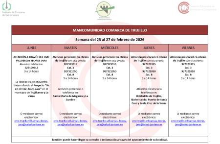Imagen Calendario del Centro Mancomunado de Consumo del 23 al 27 de febrero de 2026.