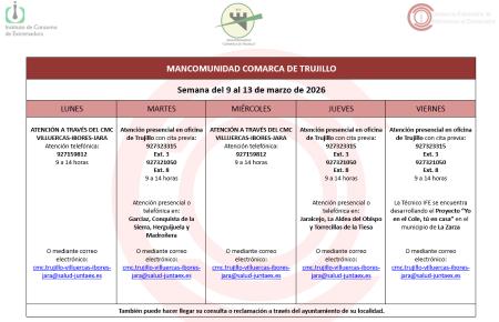 Imagen Calendario del Centro Mancomunado de Consumo del 9 al 13 de marzo de 2026.