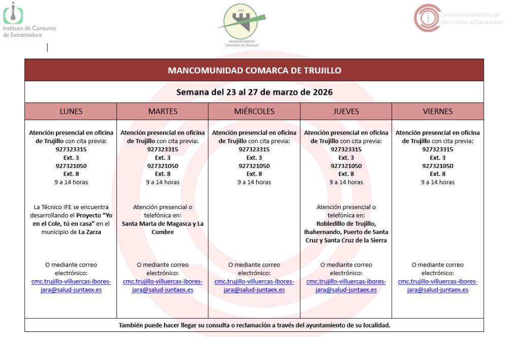 Imagen Calendario del Centro Mancomunado de Consumo del 23 al 27 de marzo de 2026.