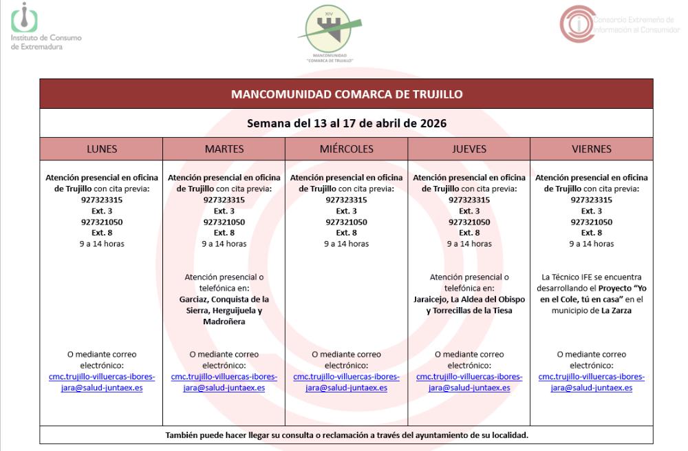 Imagen Calendario del Centro Mancomunado de Consumo del 13 al 17 de abril de 2026.