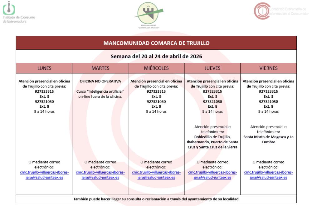 Imagen Calendario del Centro Mancomunado de Consumo del 20 al 24 de abril de 2026.