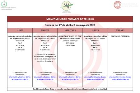 Imagen Calendario del Centro Mancomunado de Consumo del 27 de abril al 1 de mayo de 2026.