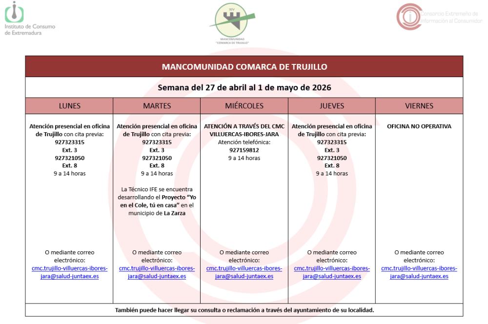Imagen Calendario del Centro Mancomunado de Consumo del 27 de abril al 1 de mayo de 2026.