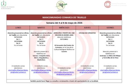Imagen Calendario del Centro Mancomunado de Consumo del 4 de abril al 8 de mayo de 2026.