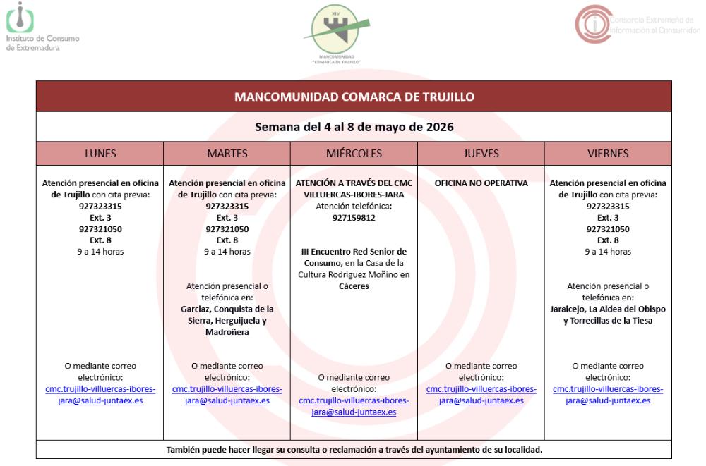 Imagen Calendario del Centro Mancomunado de Consumo del 4 de abril al 8 de mayo de 2026.