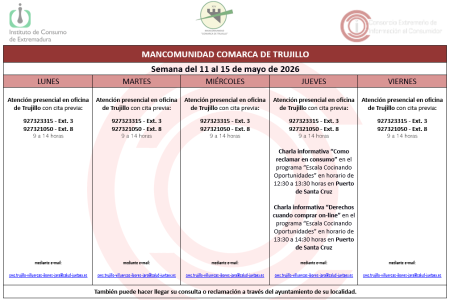 Imagen Calendario del Centro Mancomunado de Consumo del 11 al 15 de mayo de 2026.