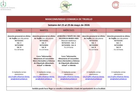 Imagen Calendario del Centro Mancomunado de Consumo del 25 al 29 de mayo de 2026.